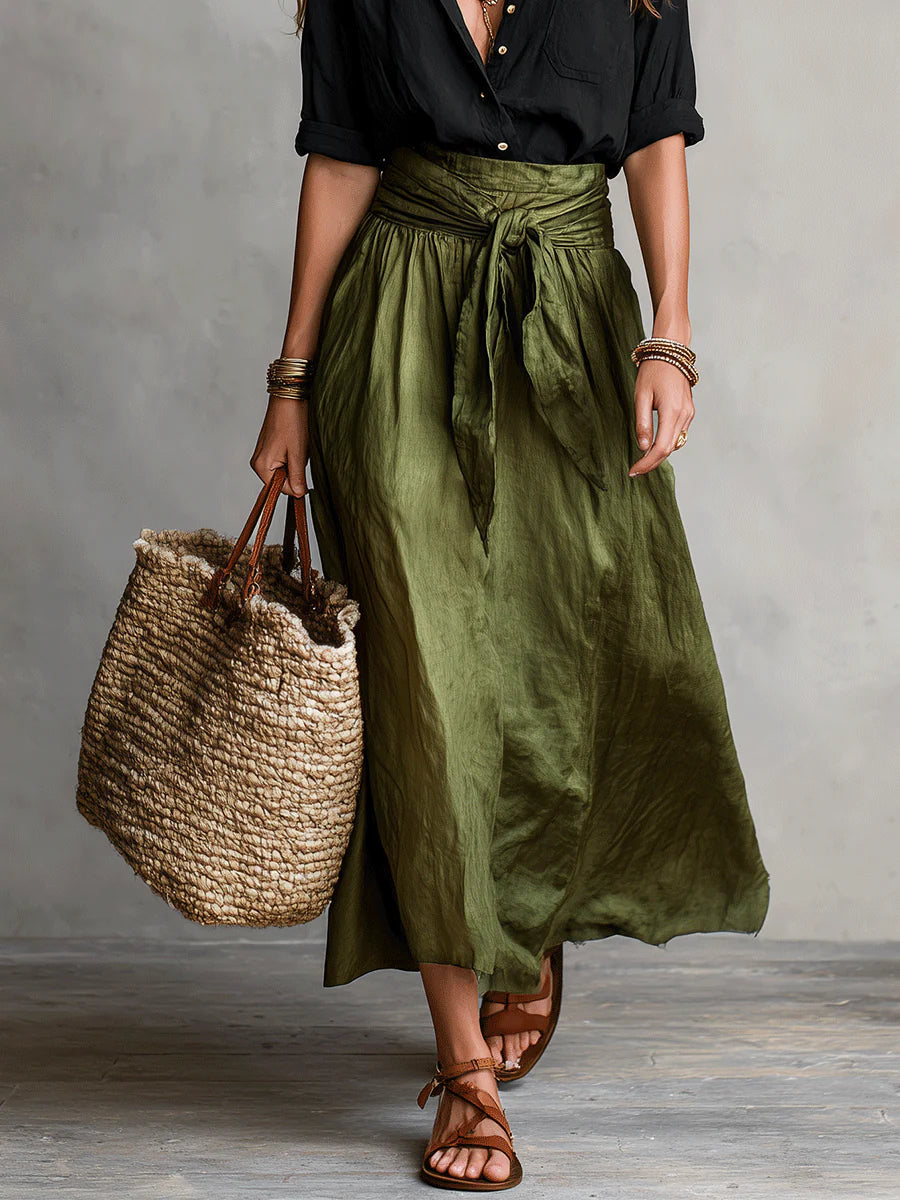 RIVER | Two-piece set: black shirt and olive green midi skirt