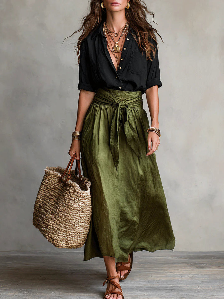 RIVER | Two-piece set: black shirt and olive green midi skirt