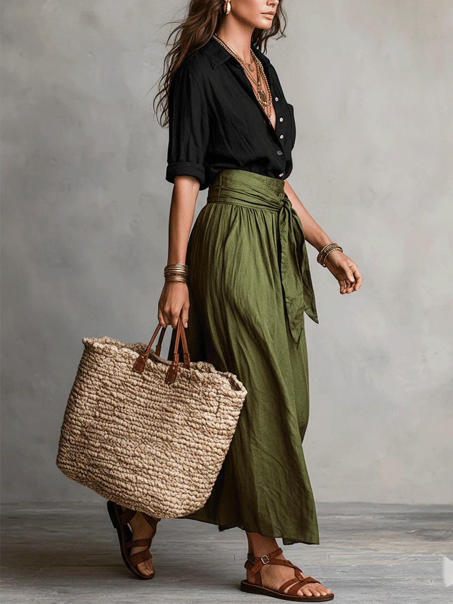 RIVER | Two-piece set: black shirt and olive green midi skirt