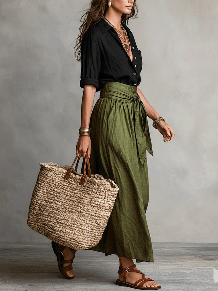 RIVER | Two-piece set: black shirt and olive green midi skirt