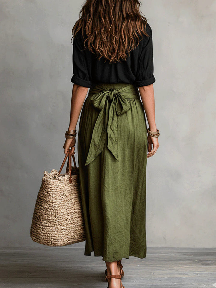 RIVER | Two-piece set: black shirt and olive green midi skirt