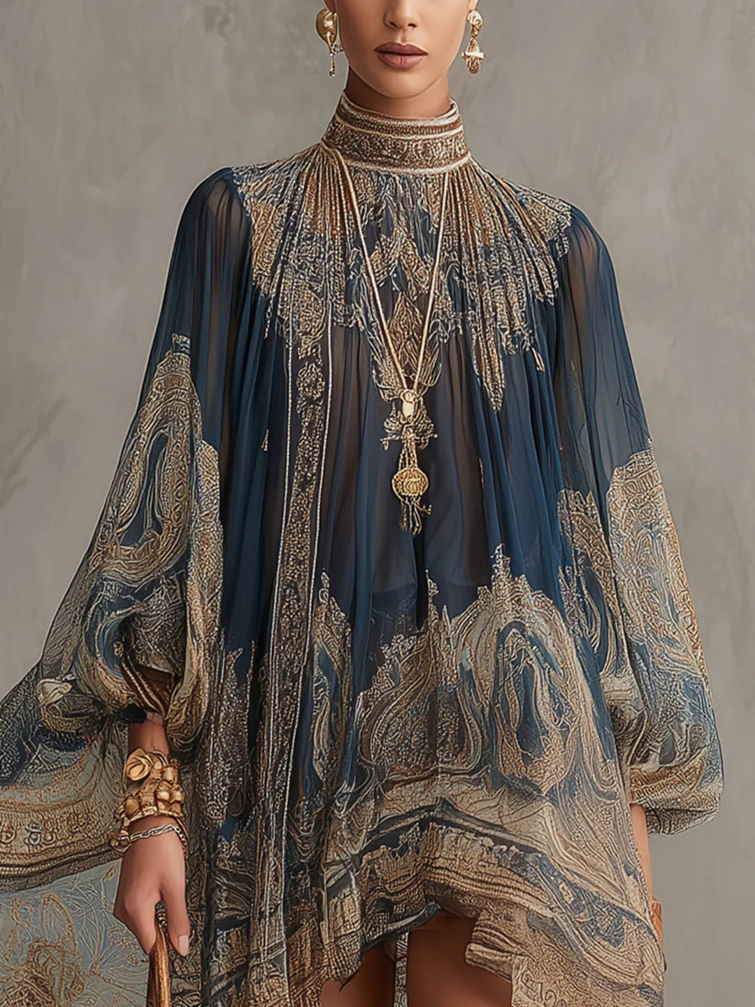 Bérénice | Asymmetrical Mini Dress in Lightweight Chiffon with Navy Blue Baroque Print and High Collar