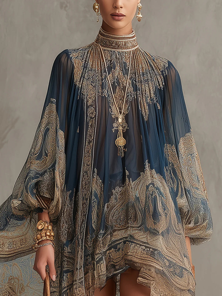Bérénice | Asymmetrical Mini Dress in Lightweight Chiffon with Navy Blue Baroque Print and High Collar