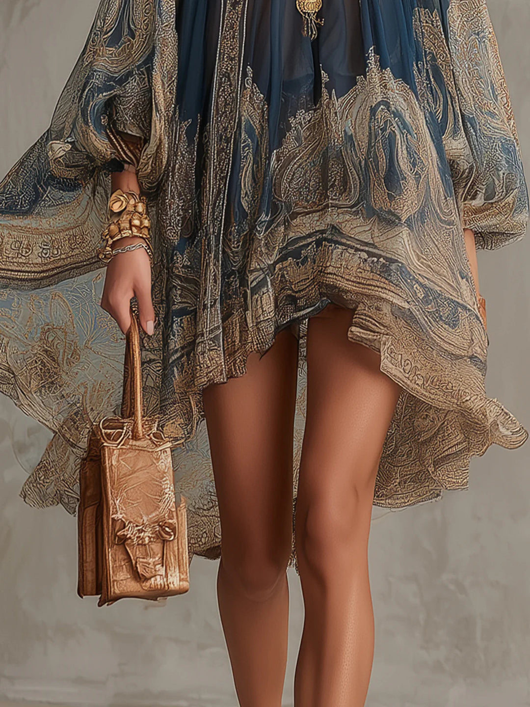 Bérénice | Asymmetrical Mini Dress in Lightweight Chiffon with Navy Blue Baroque Print and High Collar