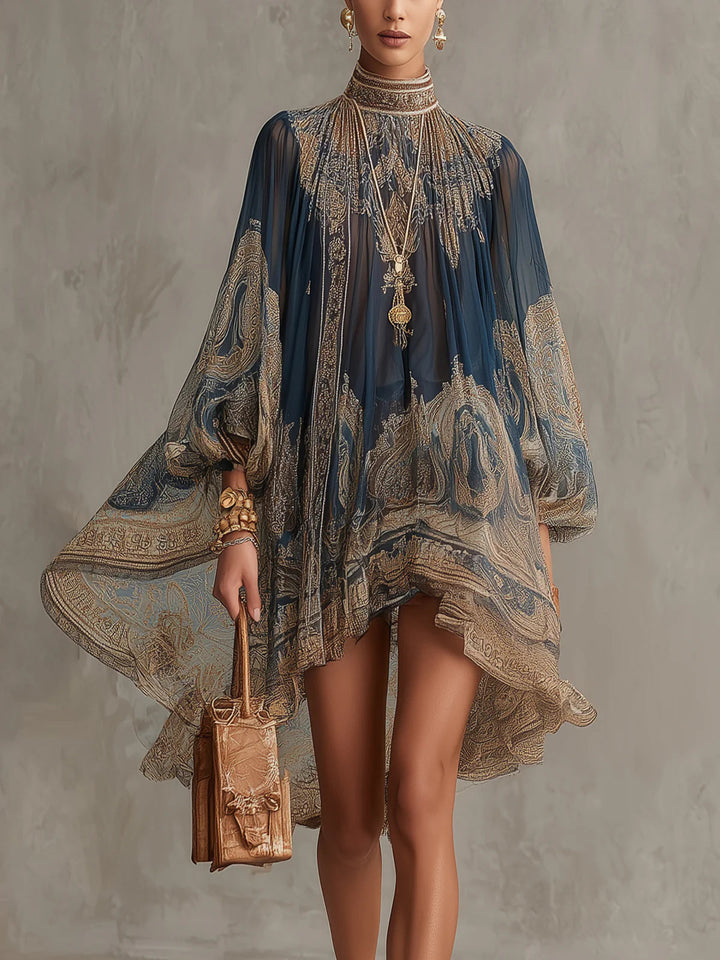 Bérénice | Asymmetrical Mini Dress in Lightweight Chiffon with Navy Blue Baroque Print and High Collar