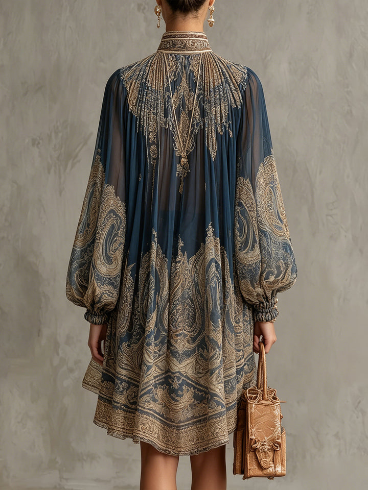 Bérénice | Asymmetrical Mini Dress in Lightweight Chiffon with Navy Blue Baroque Print and High Collar