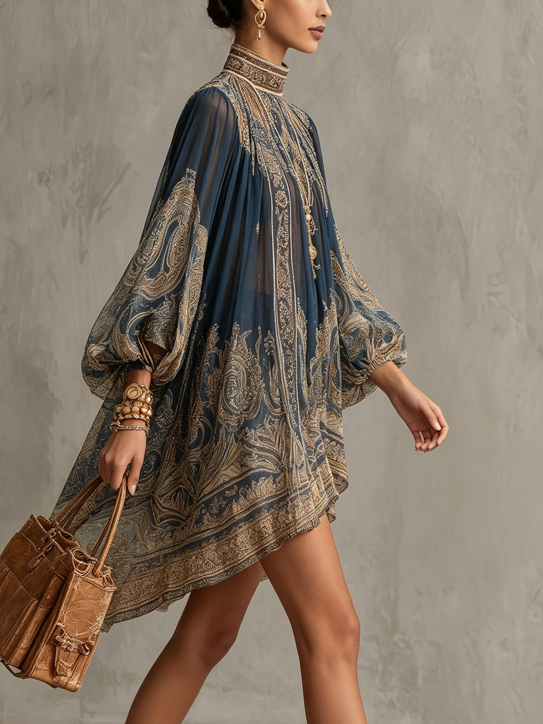 Bérénice | Asymmetrical Mini Dress in Lightweight Chiffon with Navy Blue Baroque Print and High Collar