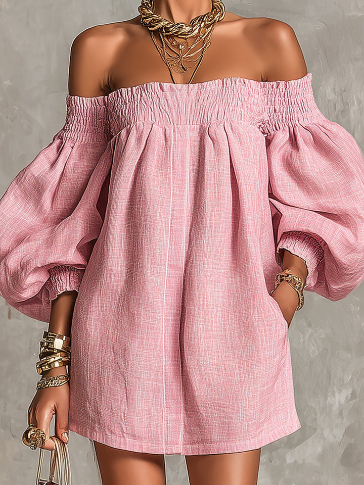 Violette | Pink Mini A-Line Dress with Lantern Sleeves and Off-the-Shoulder Design