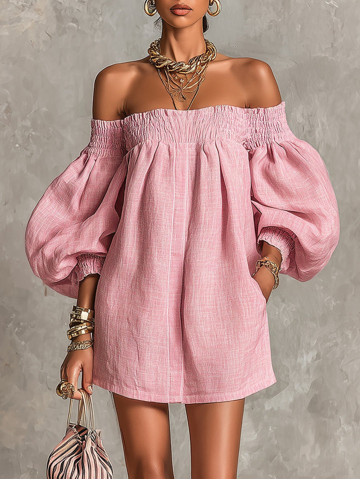 Violette | Pink Mini A-Line Dress with Lantern Sleeves and Off-the-Shoulder Design