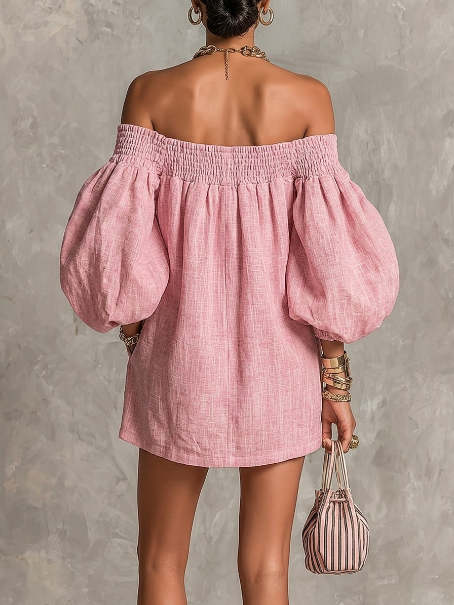 Violette | Pink Mini A-Line Dress with Lantern Sleeves and Off-the-Shoulder Design