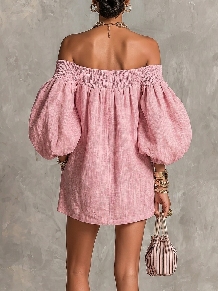 Violette | Pink Mini A-Line Dress with Lantern Sleeves and Off-the-Shoulder Design