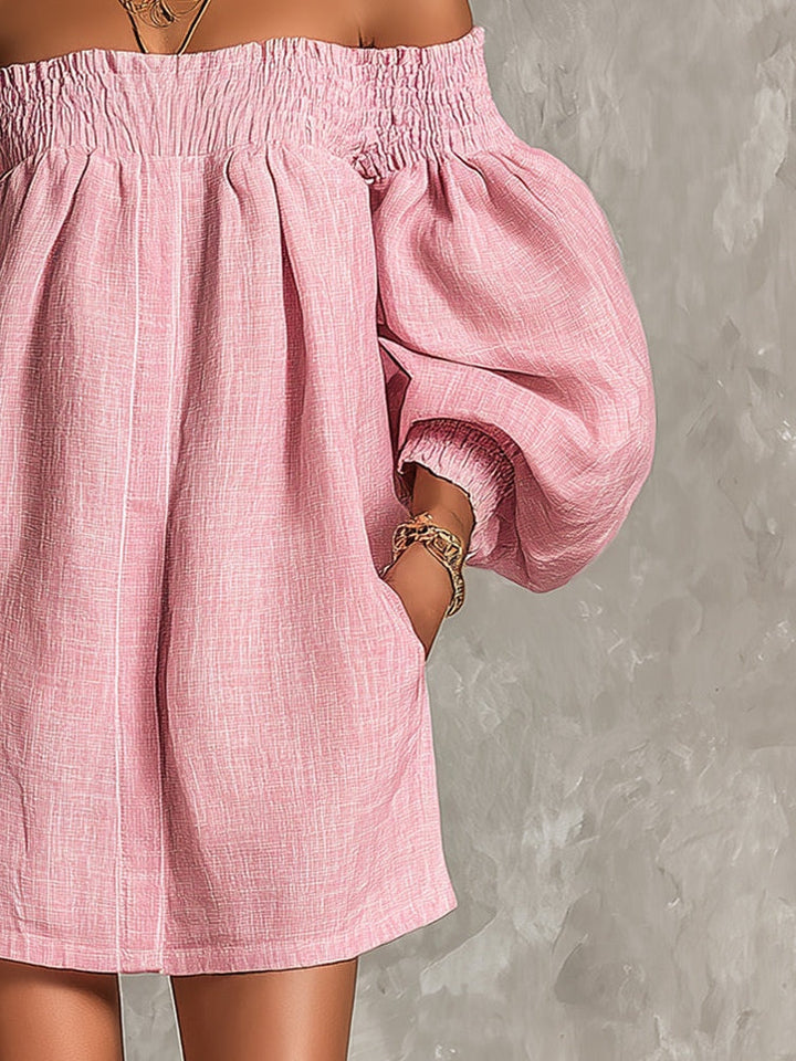 Violette | Pink Mini A-Line Dress with Lantern Sleeves and Off-the-Shoulder Design