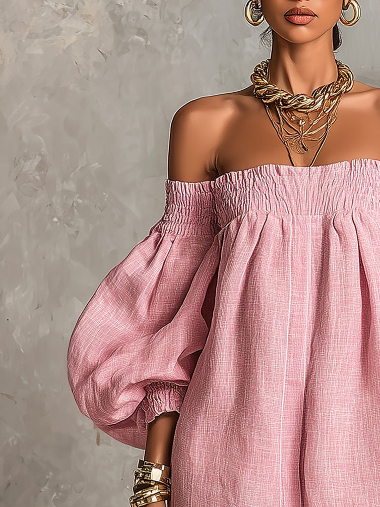 Violette | Pink Mini A-Line Dress with Lantern Sleeves and Off-the-Shoulder Design