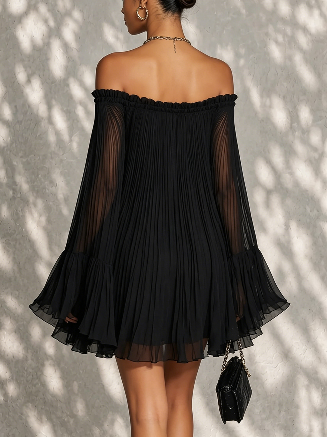 Océane | Black Mini Dress with Bell Sleeves and Ruched Off-Shoulder