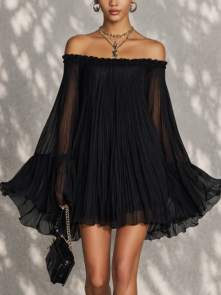 Océane | Black Mini Dress with Bell Sleeves and Ruched Off-Shoulder