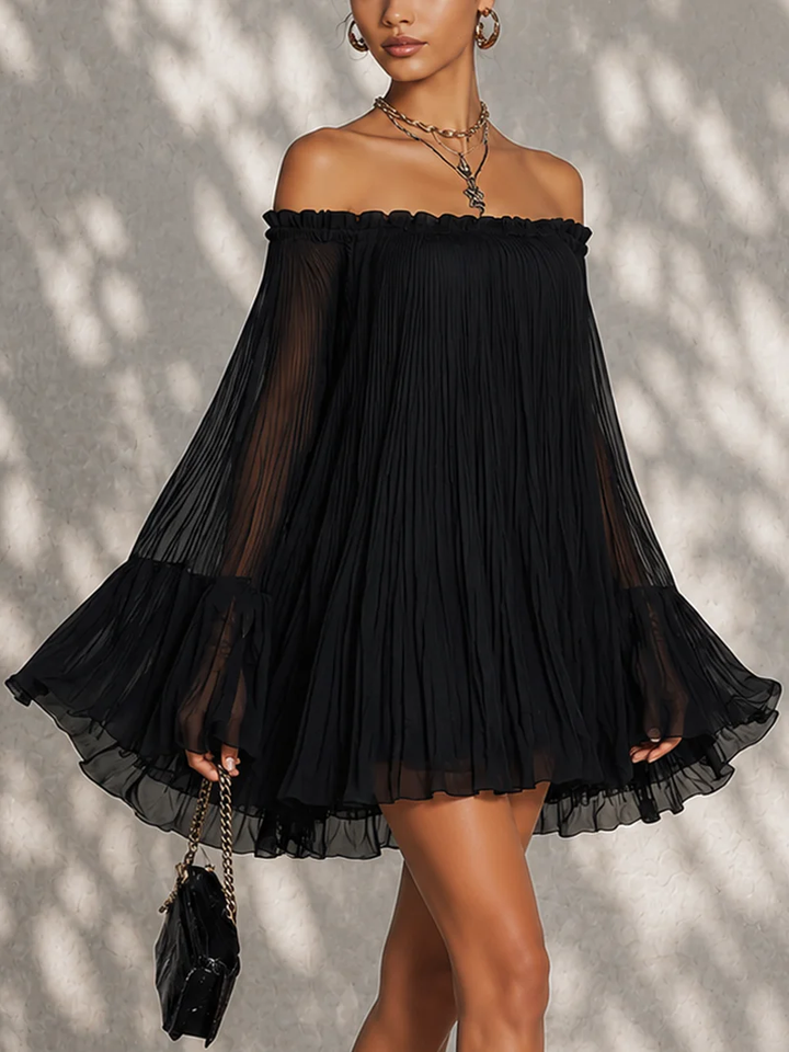 Océane | Black Mini Dress with Bell Sleeves and Ruched Off-Shoulder