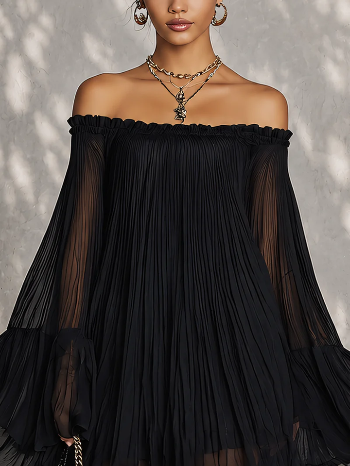 Océane | Black Mini Dress with Bell Sleeves and Ruched Off-Shoulder