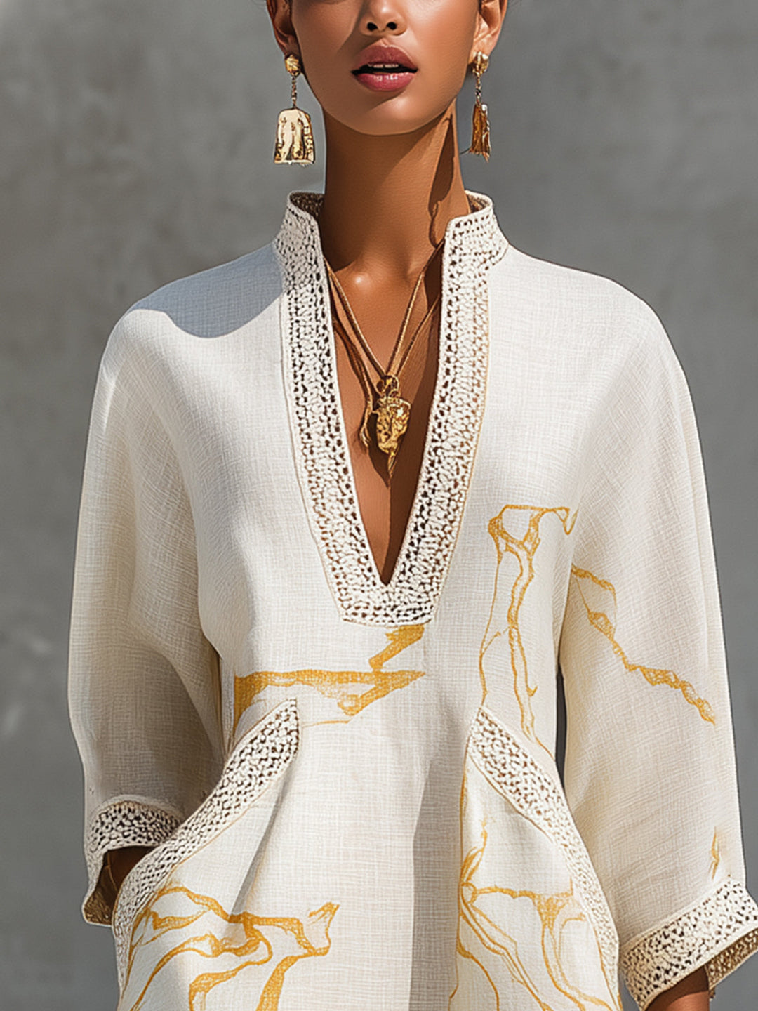 Aline | Ivory Mini Dress in Crocheted Lace with Golden Patterns and V-Neck