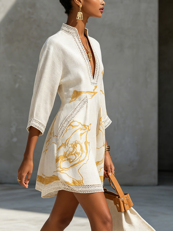 Aline | Ivory Mini Dress in Crocheted Lace with Golden Patterns and V-Neck
