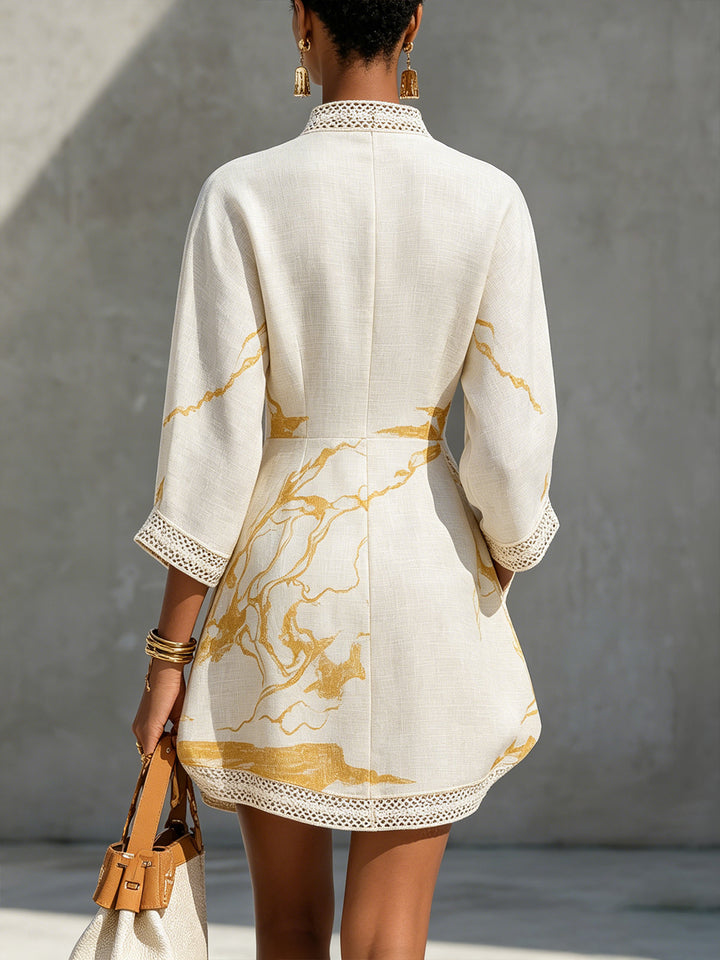 Aline | Ivory Mini Dress in Crocheted Lace with Golden Patterns and V-Neck
