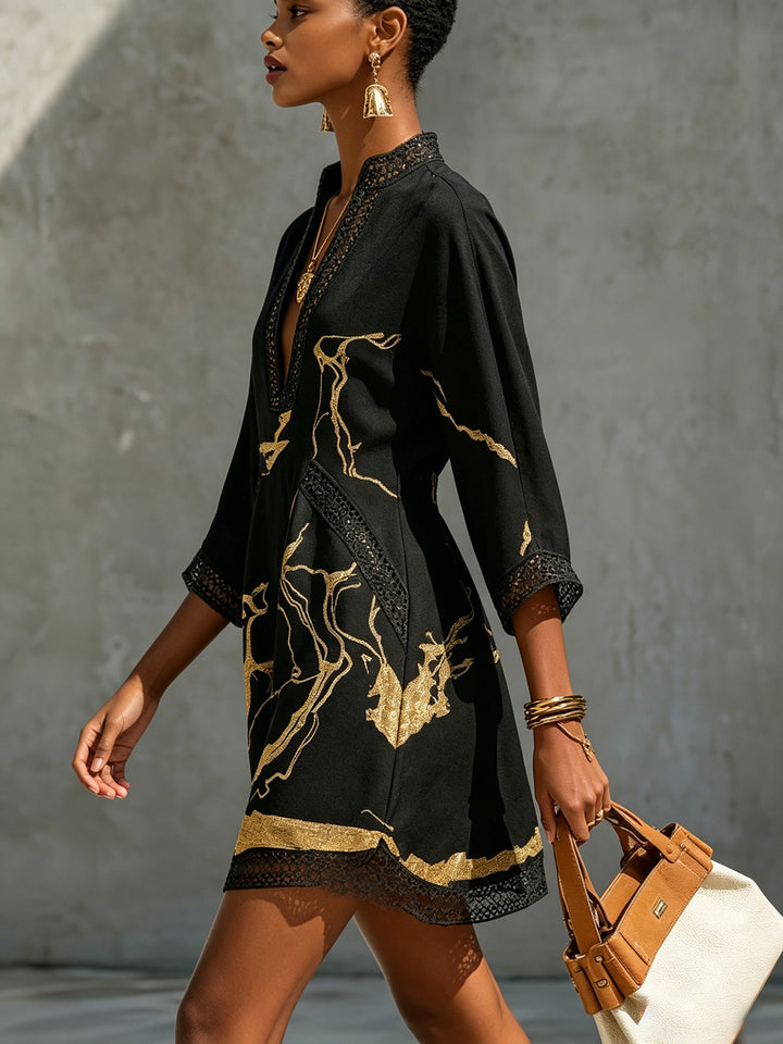 Léonie | Black Mini Dress with Golden Patterns and V-Neck Crochet Lace