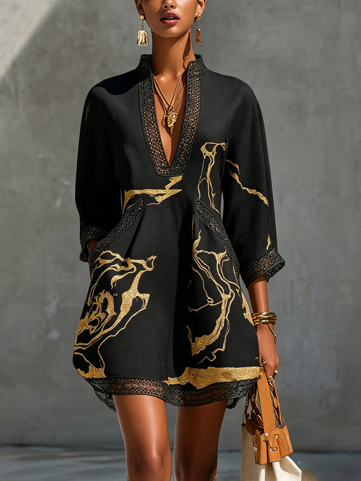 Léonie | Black Mini Dress with Golden Patterns and V-Neck Crochet Lace