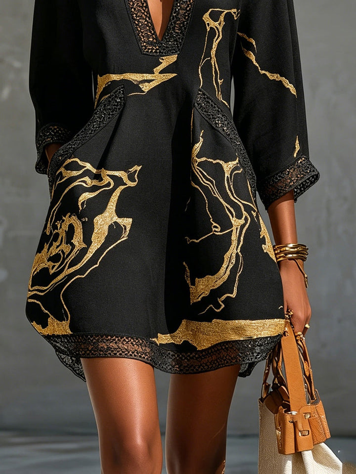 Léonie | Black Mini Dress with Golden Patterns and V-Neck Crochet Lace
