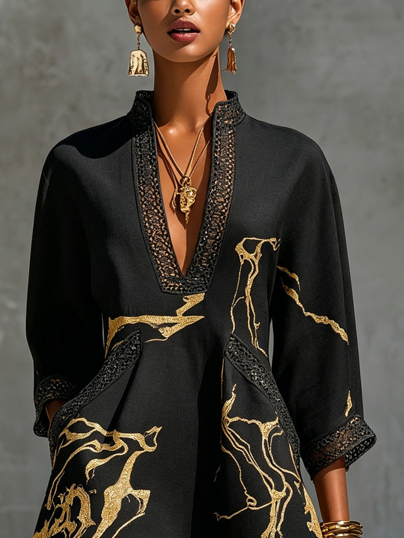 Léonie | Black Mini Dress with Golden Patterns and V-Neck Crochet Lace