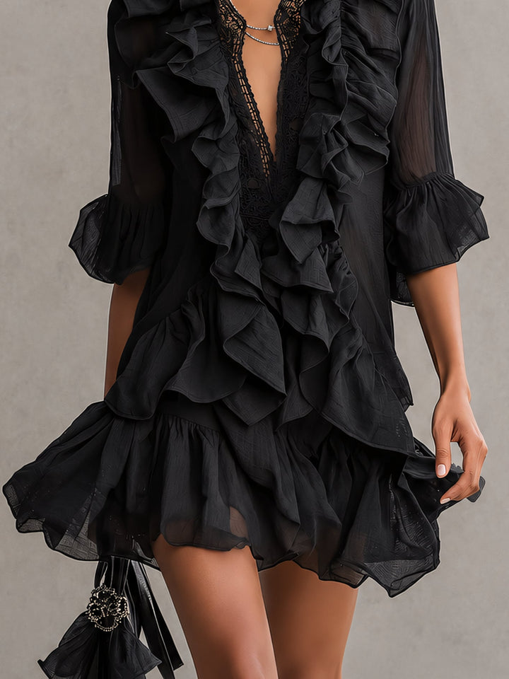 Anaïs | Black Chiffon Mini Dress with Ruffles
