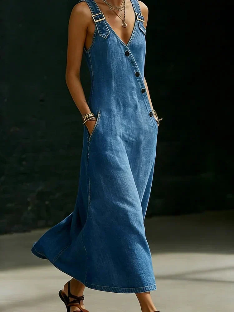 Anna | Button-Front Denim Maxi Dress