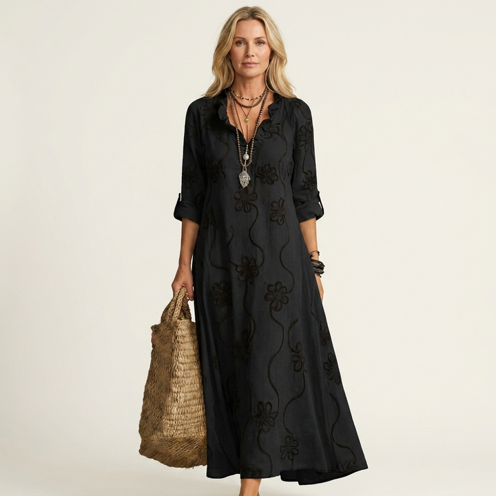 Maxi Embroidered Cotton-Linen Dress