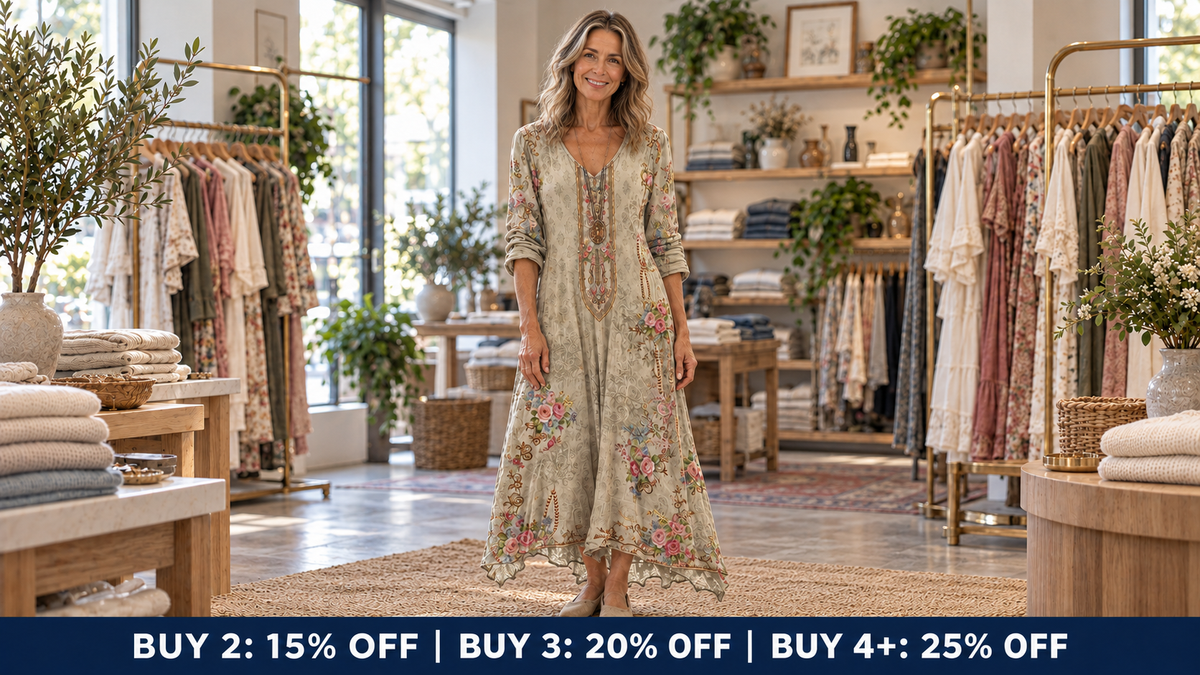 Model wearing the Kelsey bohemian dress in the Jane & Grace boutique, with bundle discounts