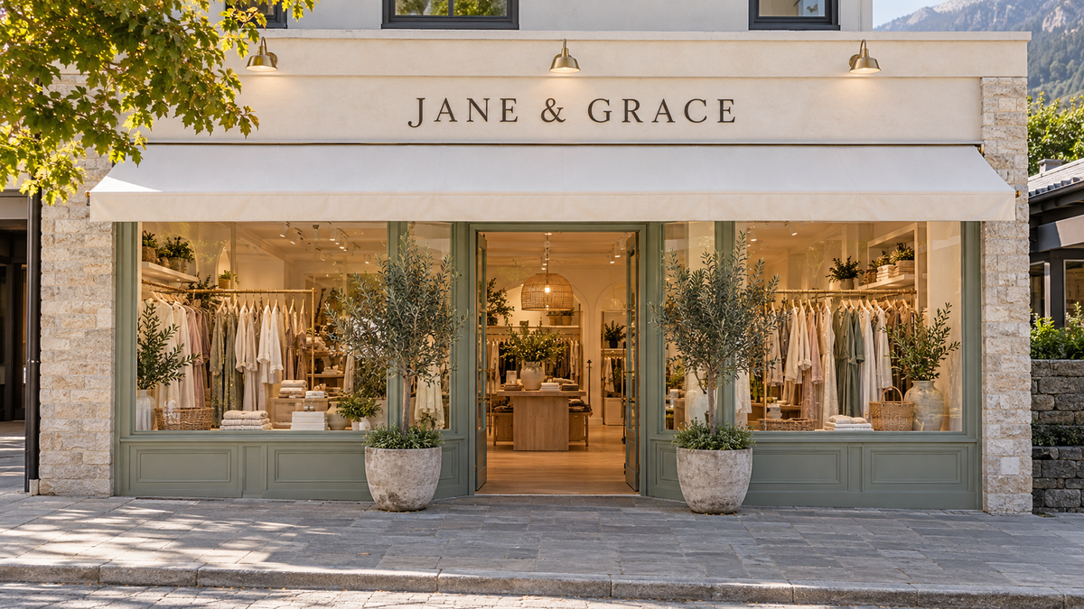 Jane & Grace boutique facade with sage window frames and warm interior