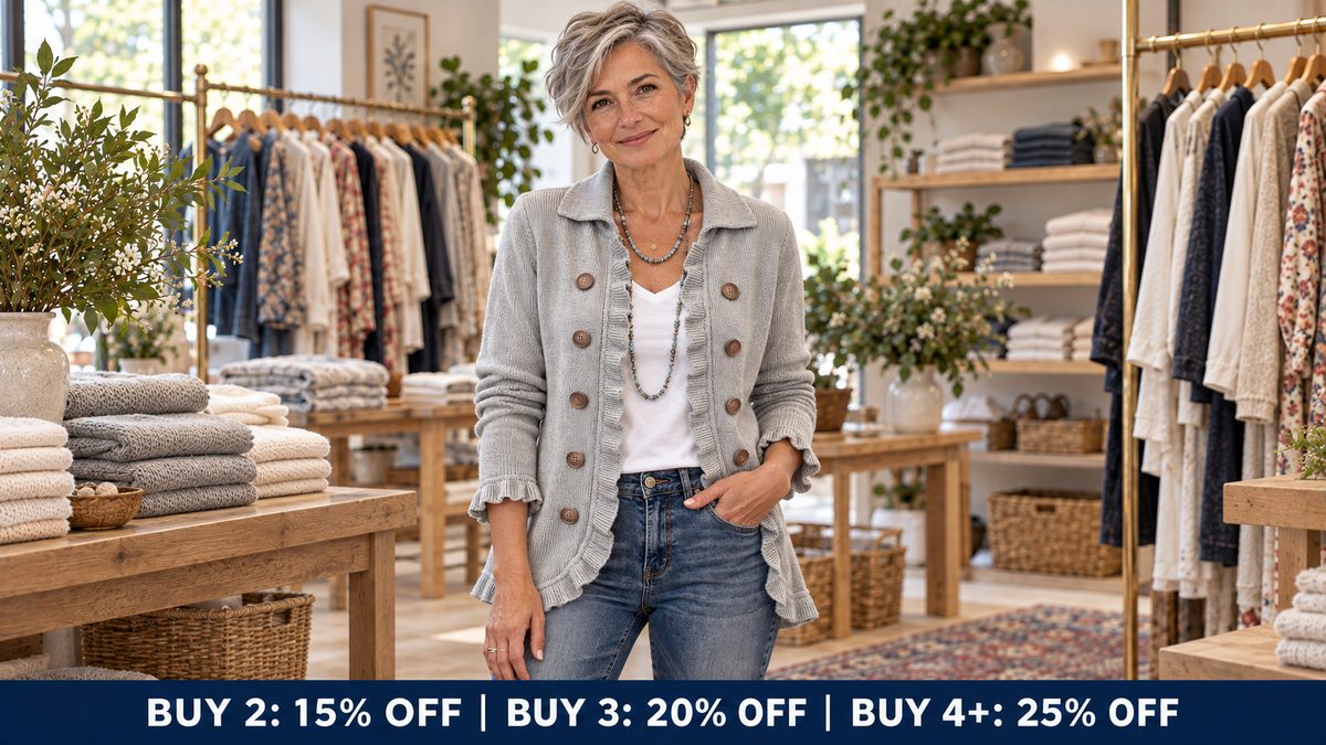 Mature model wearing the grey Theodora knit jacket in the Jane & Grace boutique
