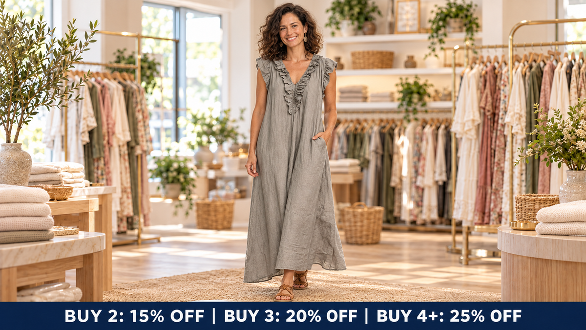 Model in her late thirties wearing the grey Zoey maxi dress inside the Jane & Grace boutique