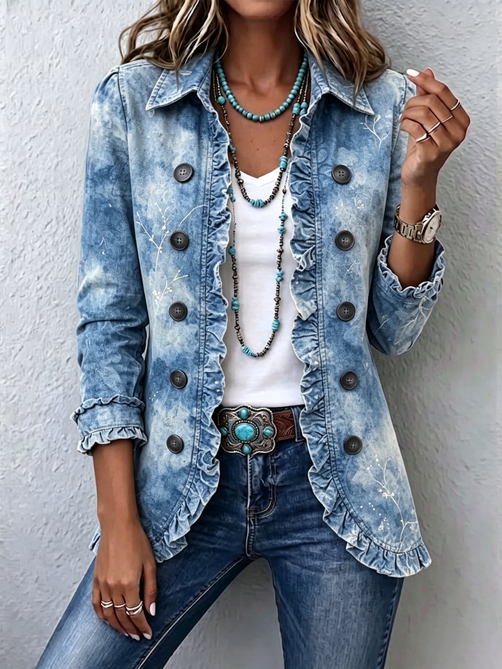 Guinevere | Vintage Blue Botanical Bohemian Frilled Jacket